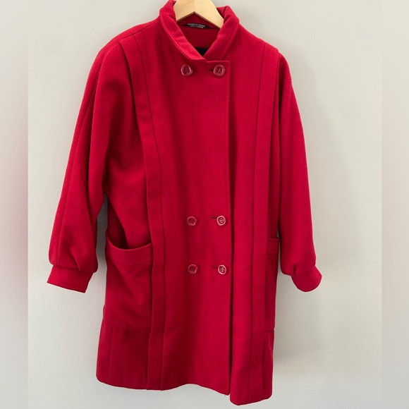 Vintage 70’s/80’s Wool Blend Holiday Red Double Breasted Puff Sleeve Peacoat - Picture 10 of 15